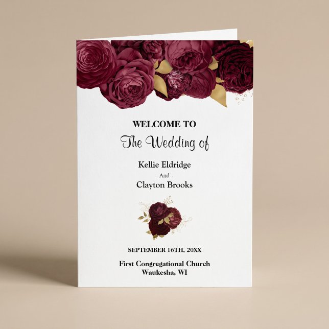 Programa de Casamento Floral em Burgundy e Dourado (Criador carregado)
