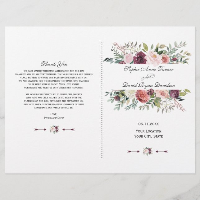 Programa de Casamento Floral em Ivory e Burgundy O (Frente)