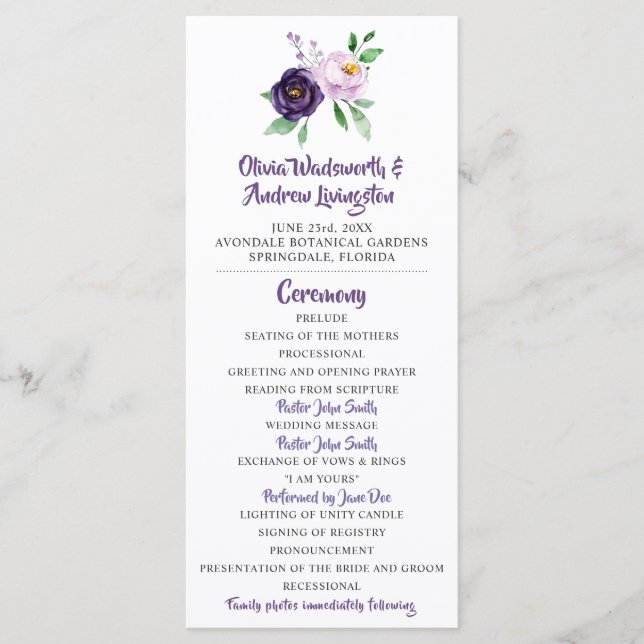 Programa de Casamento Floral em Roxo e Lavanda (Frente)