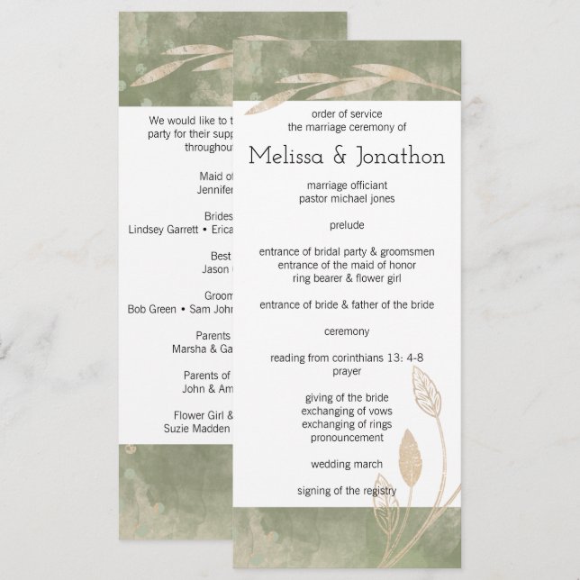 Programa de Casamento Floral em Verde Sálvia Doura (Frente/Verso)