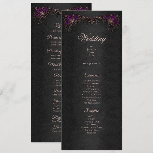 Programa de Casamento Floral Gótico Elegante de Ha (Frente/Verso)