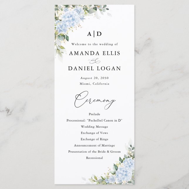 Programa de Casamento Floral Hortênsia Azul (Frente)