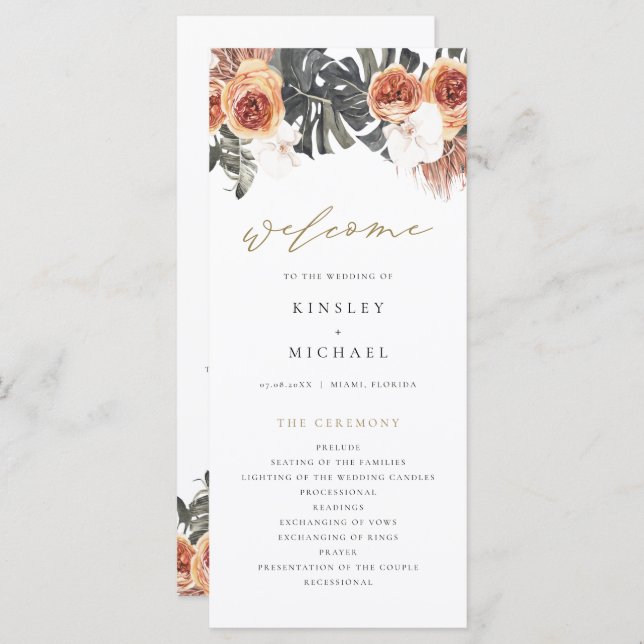 Programa de Casamento Floral KINSLEY Boho Terracot (Frente/Verso)
