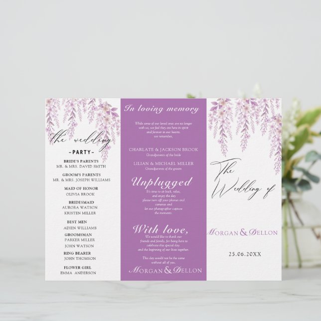 Programa de Casamento Floral Lavanda Rosa Suave El (Em pé/Frente)