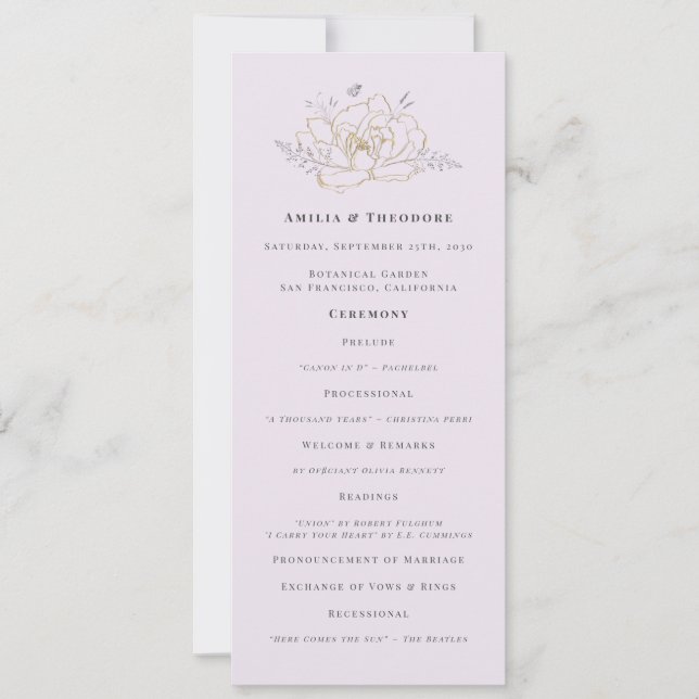 Programa de Casamento Floral Lilás Dourado Elegant (Frente)
