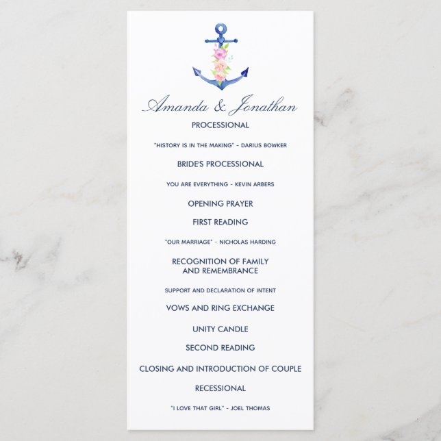 Programa de Casamento Floral Náutico em Aquarela (Frente)