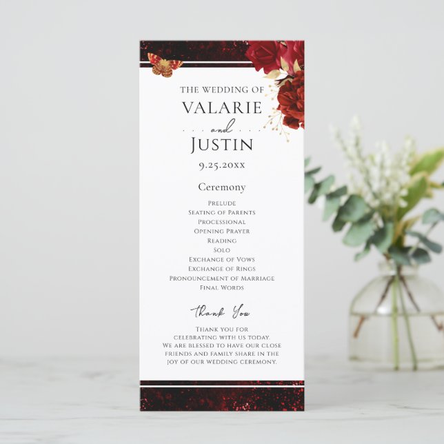 Programa de Casamento Floral Negro e Vermelho Góti (Em pé/Frente)