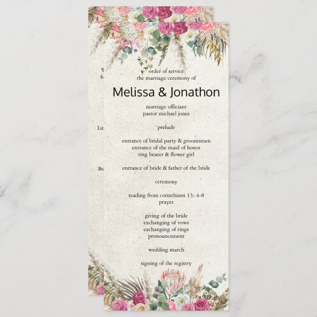 Programa de Casamento Floral Neutral Pastel Boho (Frente/Verso)