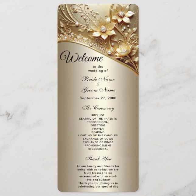 Programa de Casamento Floral Ouro Ornamentado Mode (Frente)