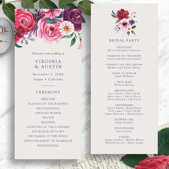 Programa de Casamento Floral Ousado (Bold Floral Watercolor Wedding Program by Painted Paperie
)