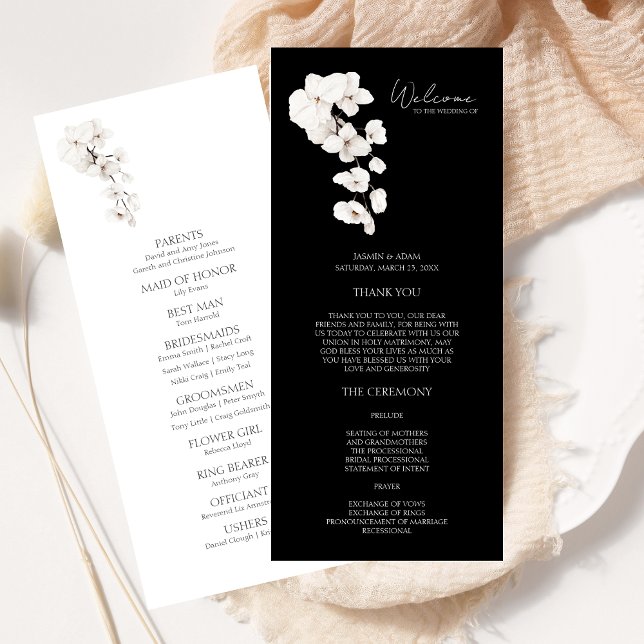 Programa de Casamento Floral para Orquídeas Branca (Modern Black and White Orchids Flowers Wedding Program )