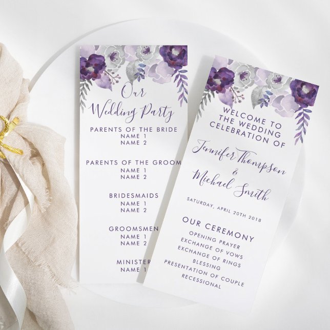 Programa de Casamento Floral por Aquarelas Roxas e (Purple & Silver Watercolor Floral Wedding Program)