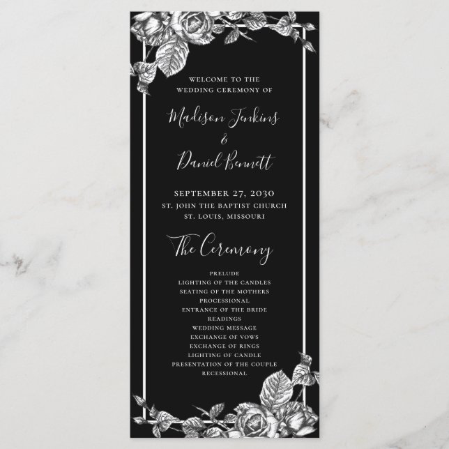 Programa de Casamento Floral Preto e Branco Elegan (Frente)