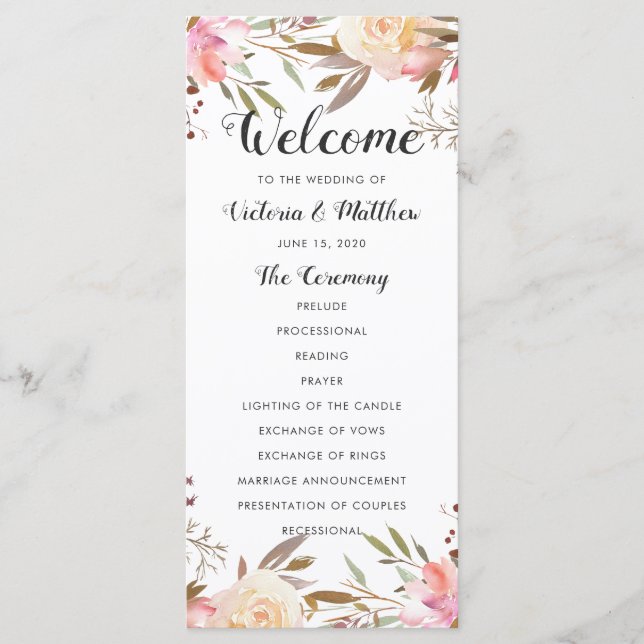 Programa de Casamento Floral Romântico Blush Bloom (Frente)
