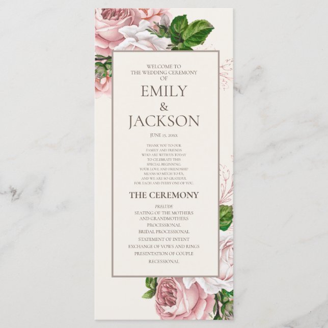 Programa de Casamento Floral Rosa Bege Elegante (Frente)