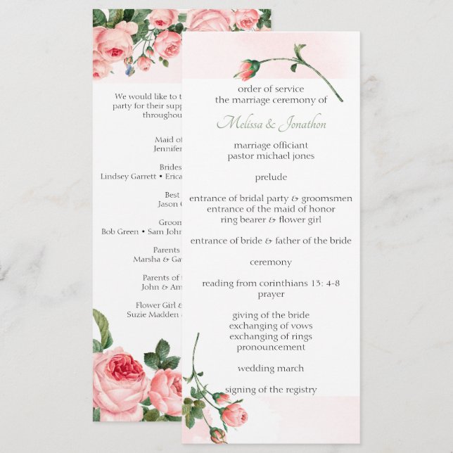 Programa de Casamento Floral Rosa Corado (Frente/Verso)