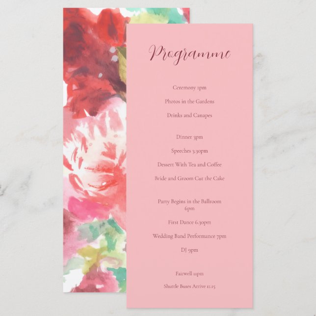 Programa de Casamento Floral Rosa e Vermelho no Ve (Frente/Verso)