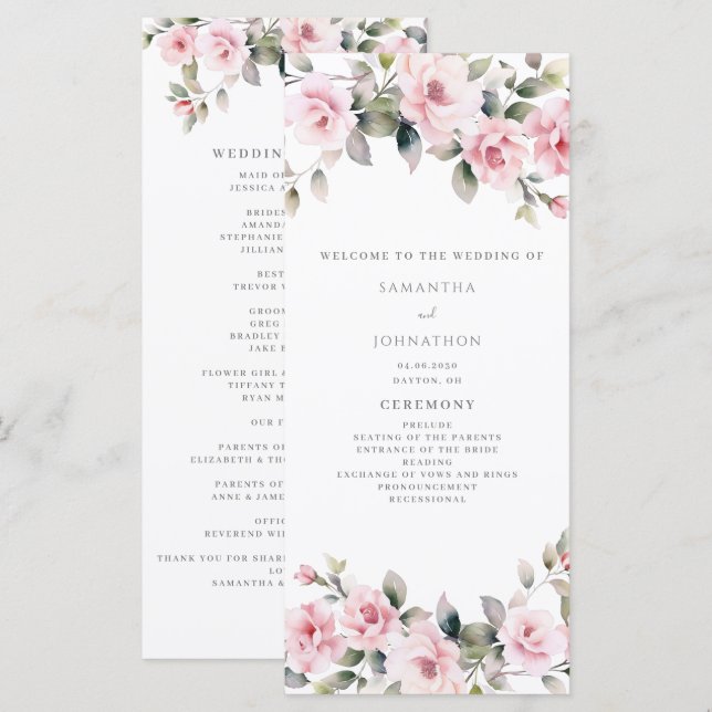 Programa de casamento floral rosa elegante cartão  (Frente/Verso)