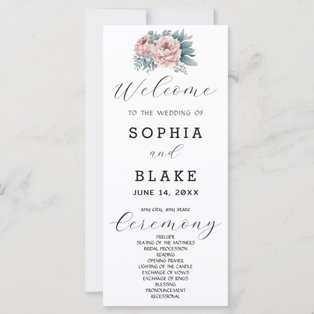 Programa de Casamento Floral Rosa Romântico Branco (Frente)