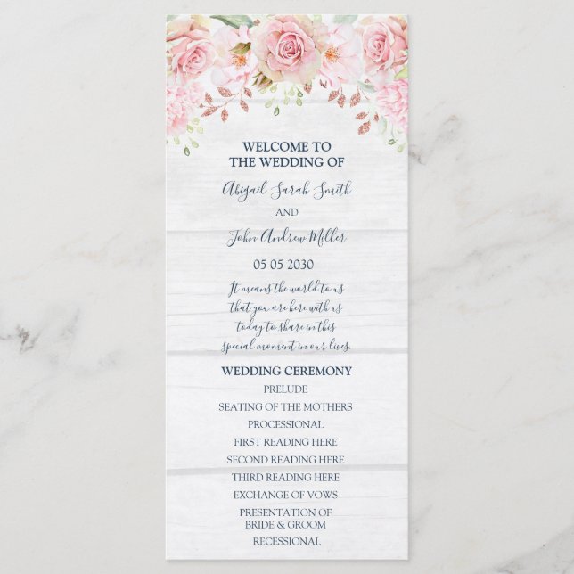 Programa de Casamento Floral Rosa Rústico de Prima (Frente)
