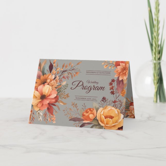 Programa de casamento floral rústico em aquarela d (Frente)