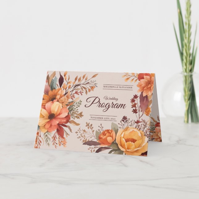 Programa de casamento floral rústico em aquarela d (Frente)