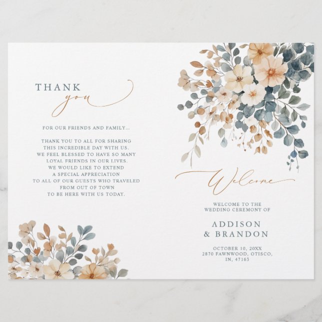 Programa de Casamento Floral Terrestre Suave Muted (Frente)