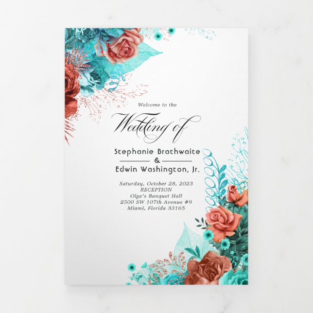 Programa de Casamento Floral Turquesa e Coral (Cobrir)