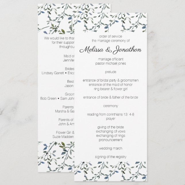 Programa de Casamento Floral Verde Prateado Salvia (Frente/Verso)
