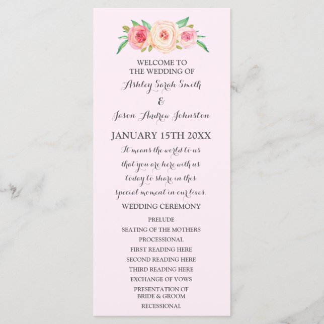 Programa de Casamento Floral Verde-Rosa-Blush (Frente)
