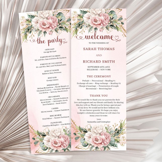 Programa de Casamento Floral Verde Rosa Refined (Refined Blush Pink Floral Greenery Wedding Program)