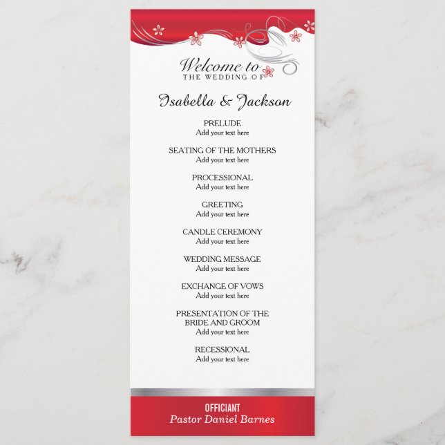 Programa de Casamento Floral Vermelho Moderno (Frente)