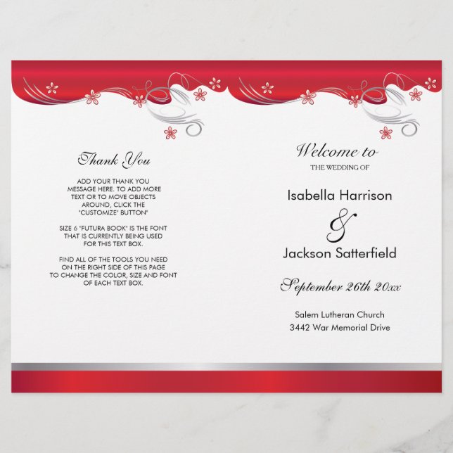 Programa de Casamento Floral Vermelho Moderno (Frente)