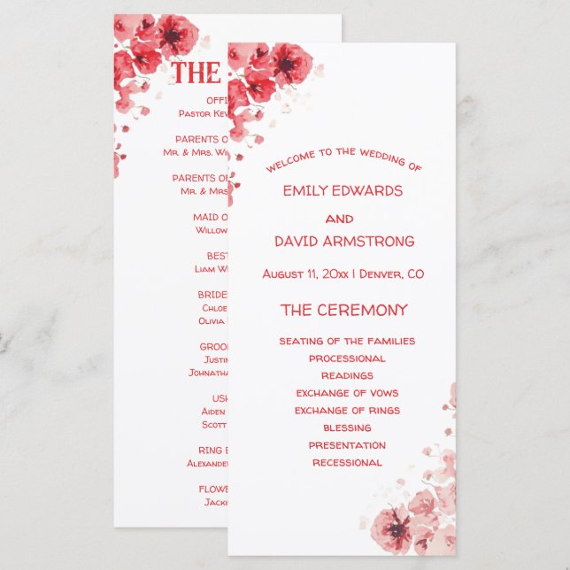 Programa de Casamento Floral Vermelho Romântico (Frente/Verso)
