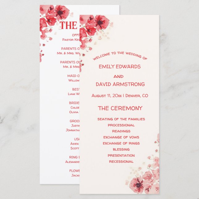 Programa de Casamento Floral Vermelho Romântico (Frente/Verso)