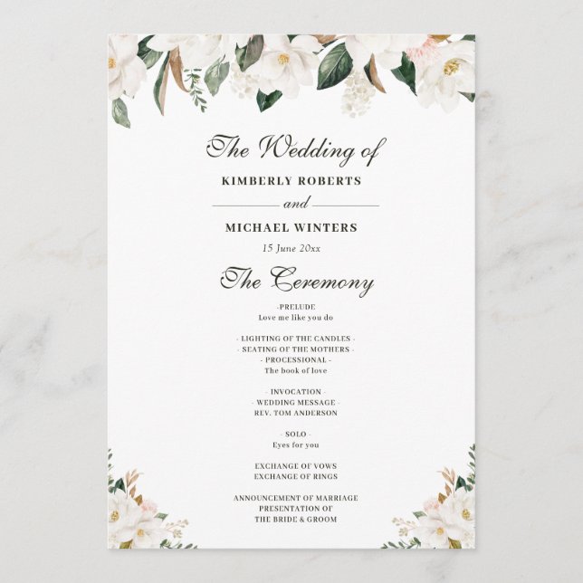 Programa de casamento floral Watercolor magnolia (Frente)