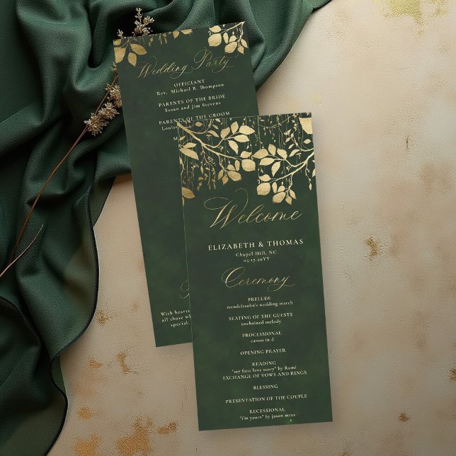 Programa de Casamento Folhagem Dourada Floresta En (enchanted forest wedding theme program card gold foliage hunter green gold elegant)