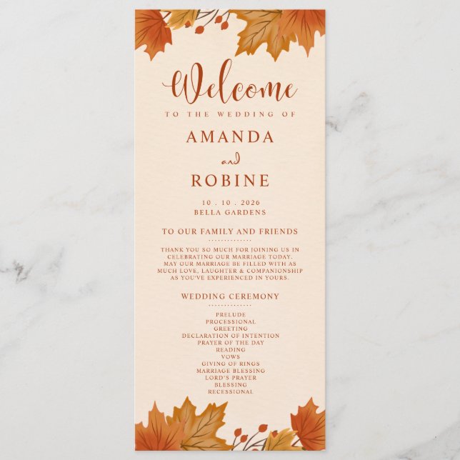 Programa de Casamento Folhas de Bordo Outono Elega (Frente)