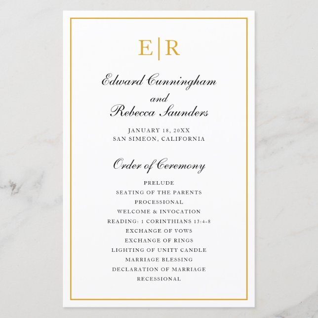 Programa de Casamento Formal com Monograma em Ouro (Frente)