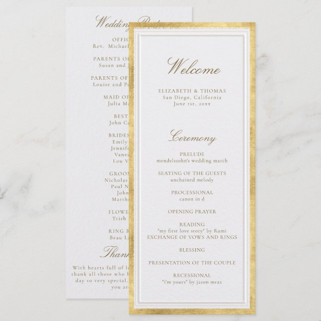 Programa de Casamento Formal Pérola Dourada Clássi (Frente/Verso)