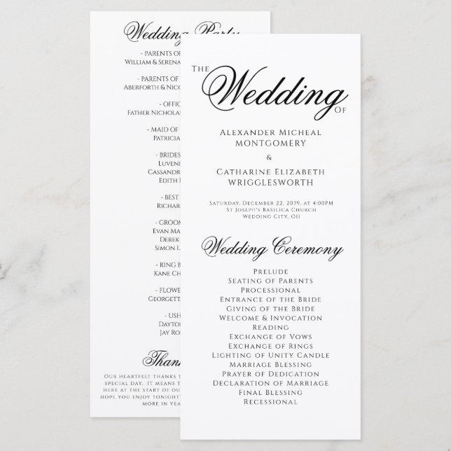 Programa de Casamento Formal Preto e Branco (Frente/Verso)