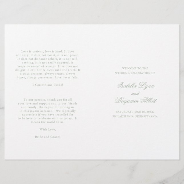 Programa de Casamento Formal Verde Sage Tradiciona (Frente)