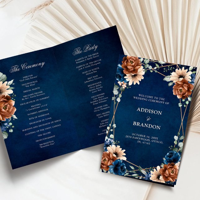 Programa de Casamento Geométrico Azul-Marinho Terr (Terracotta Navy Blue floral Geometric Wedding folded Program card)