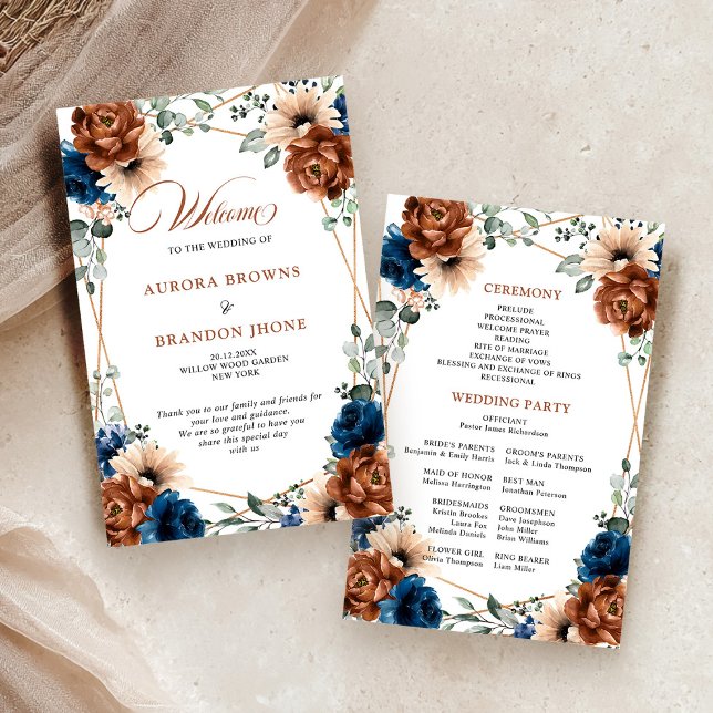 Programa de Casamento Geométrico Azul-Marinho Terr (Terracotta Navy Blue Geometric Wedding Program)