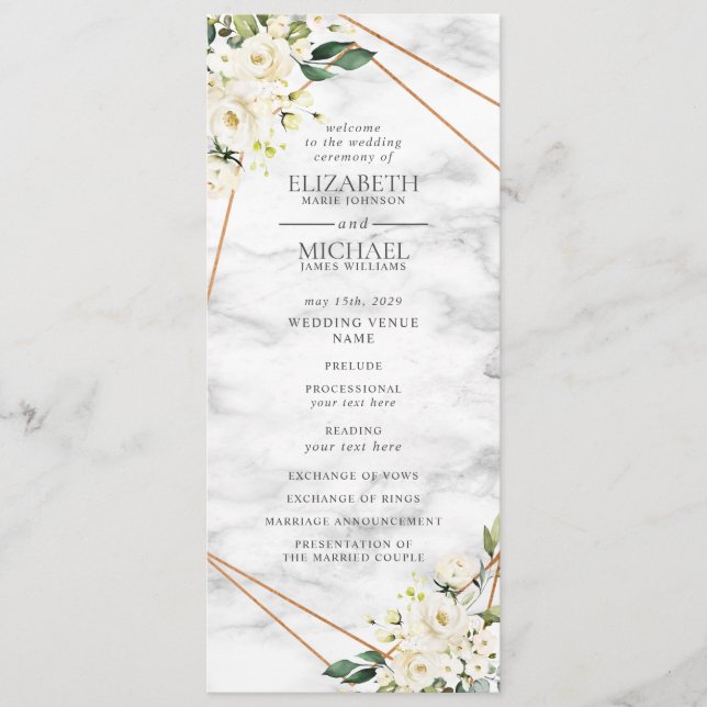 Programa de Casamento Geométrico Marble Floral de  (Frente)