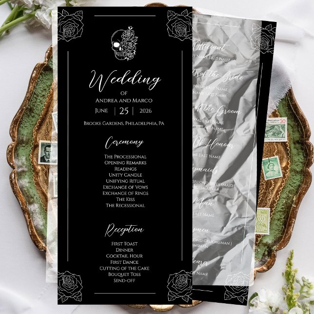Programa De Casamento Gótico Do Crânio Negro E Bra (Black And White Tattoo Gothic Wedding Program)