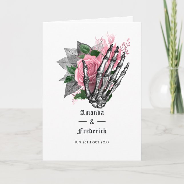 Programa de Casamento Gótico Esqueleto Floral Rosa (Frente)