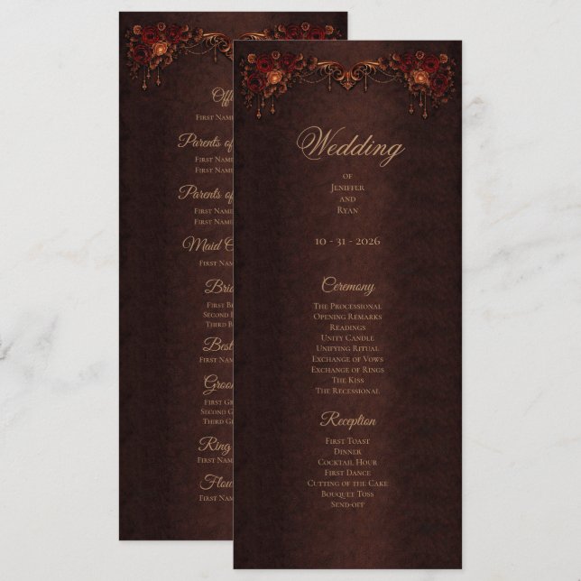 Programa de casamento gótico floral elegante de Ha (Frente/Verso)