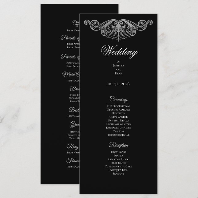 Programa de Casamento Gótico Preto e Branco Elegan (Frente/Verso)