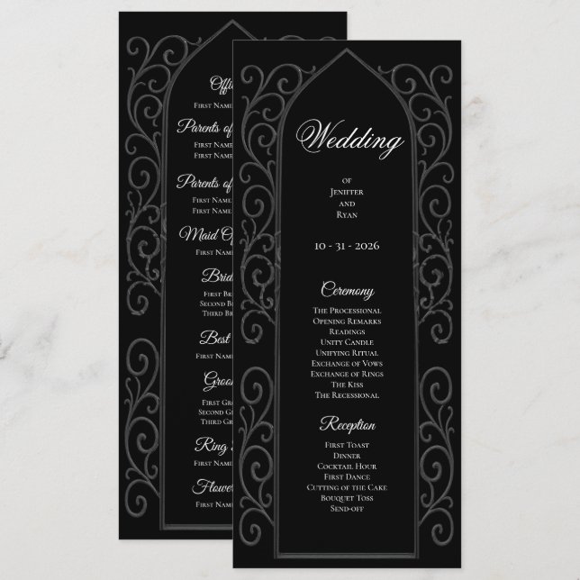 Programa de Casamento Gótico Preto e Branco Orname (Frente/Verso)